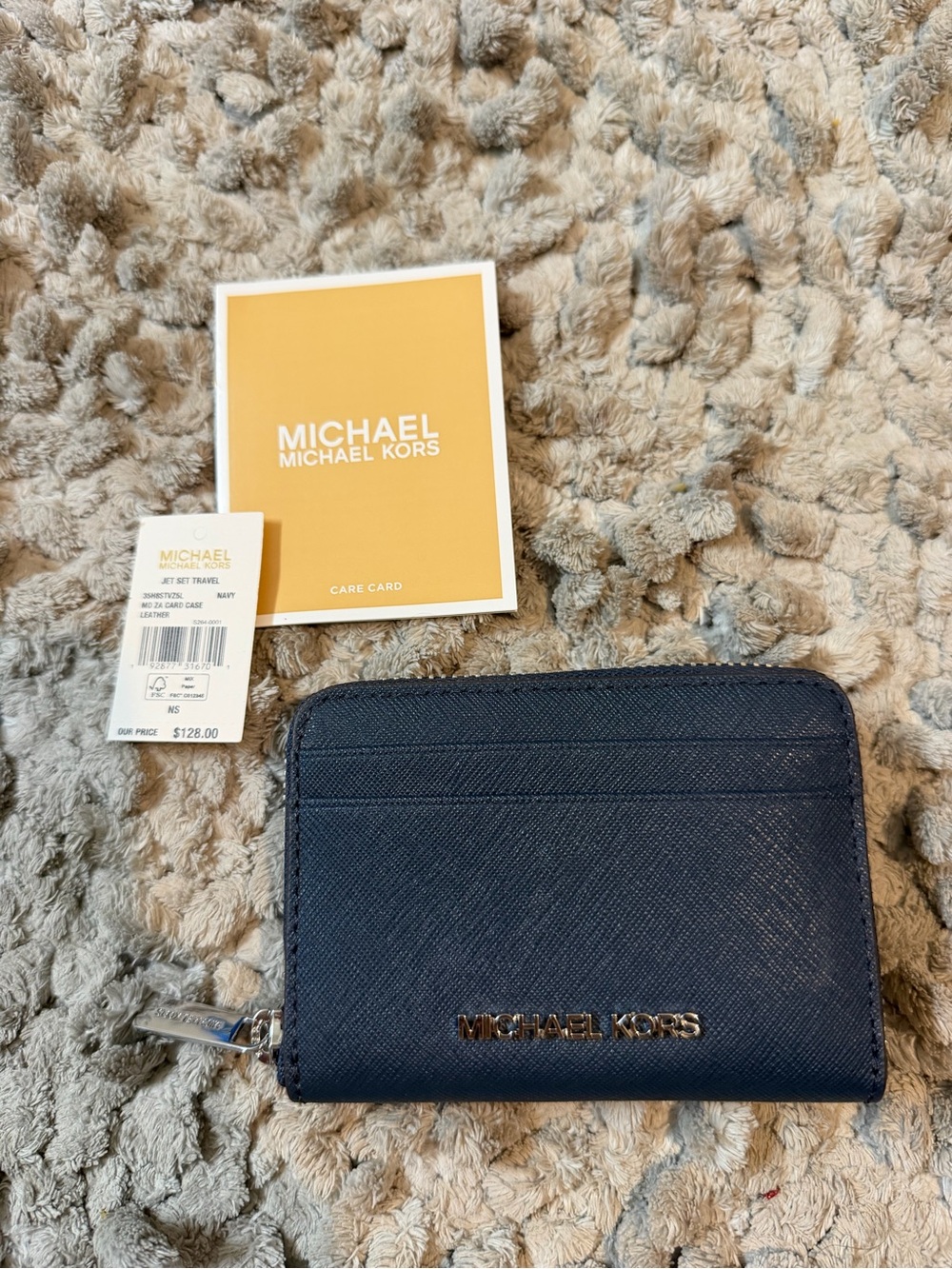 NWT Michael Kors Navy Jet Set Leather Zip Card Case Wallet